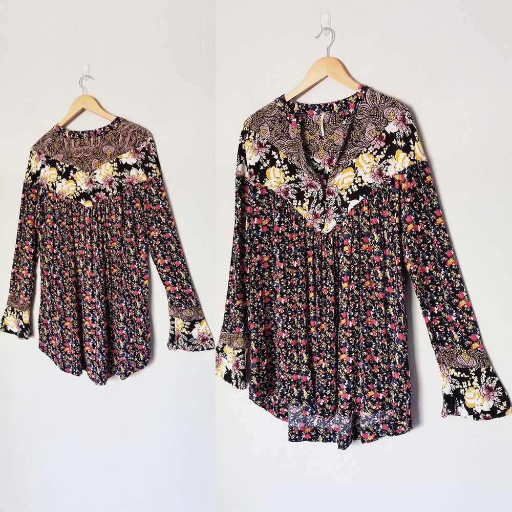 Free People Wildflower Fields Henley Top Tunic Blouse M $108 Black Ditsy Floral - Picture 6 of 16